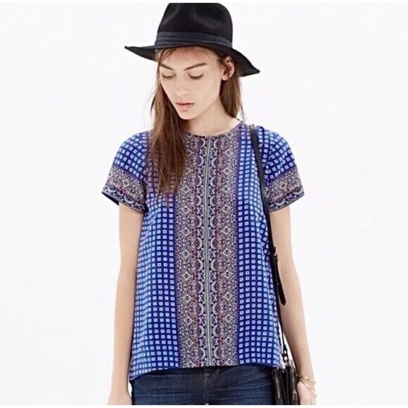 Madewell Size XS 100% Silk Top Blue Geometric Paisley Short Sleeve Blouse - Picture 1 of 5